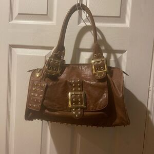 CMZ synthetic Brown gold Studded Satchel Handbag